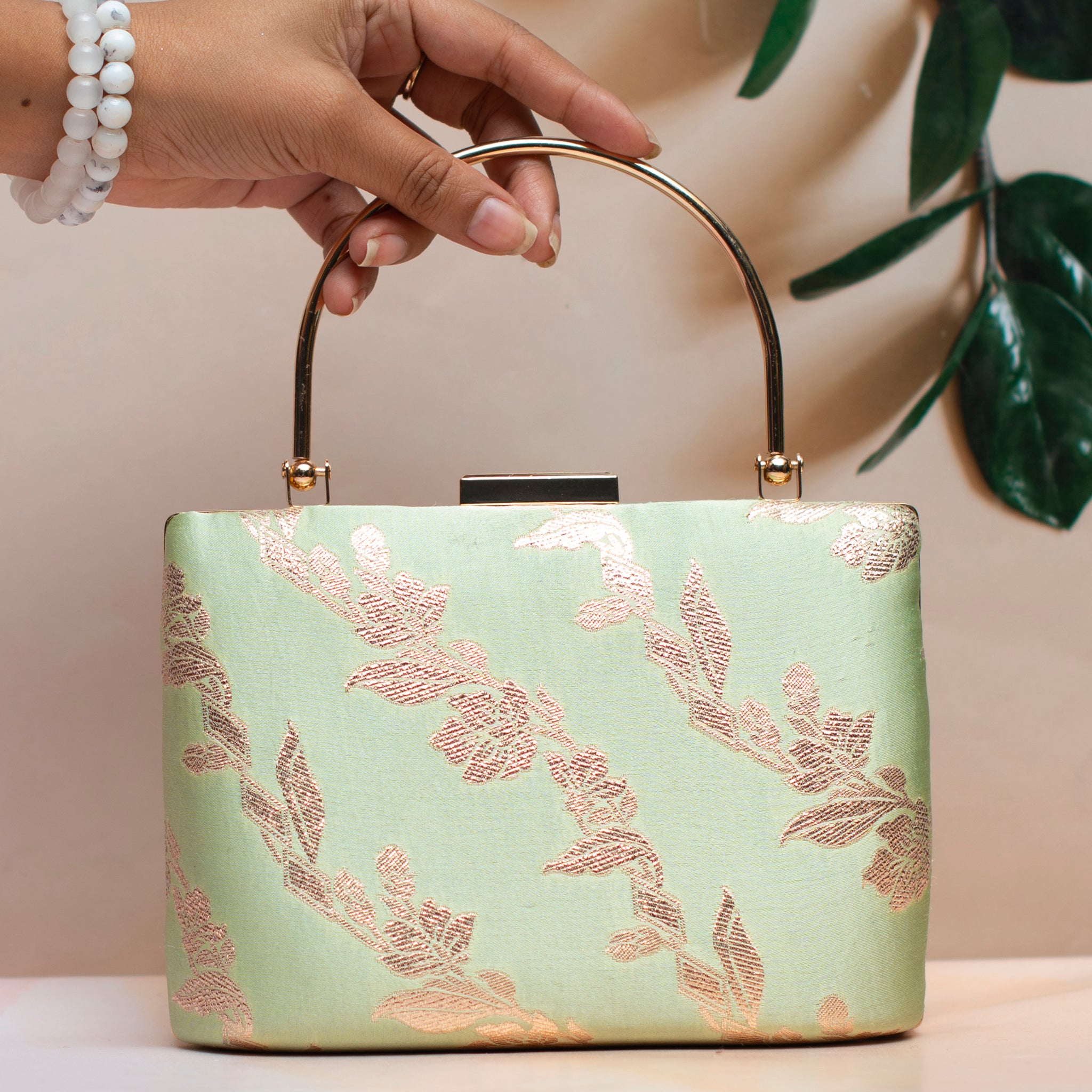 Green And Golden Floral Brocade Party Clutch