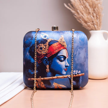 Artklim Blue Based Majestic Krishna Printed Clutch