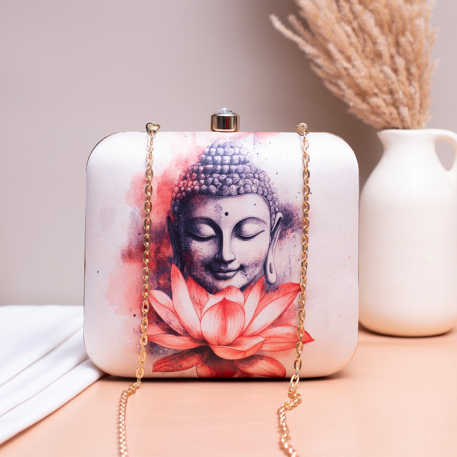 Artklim White Based Buddha Printed Clutch