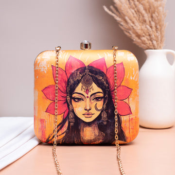 Artklim Yellow Based Indian Woman Printed Clutch