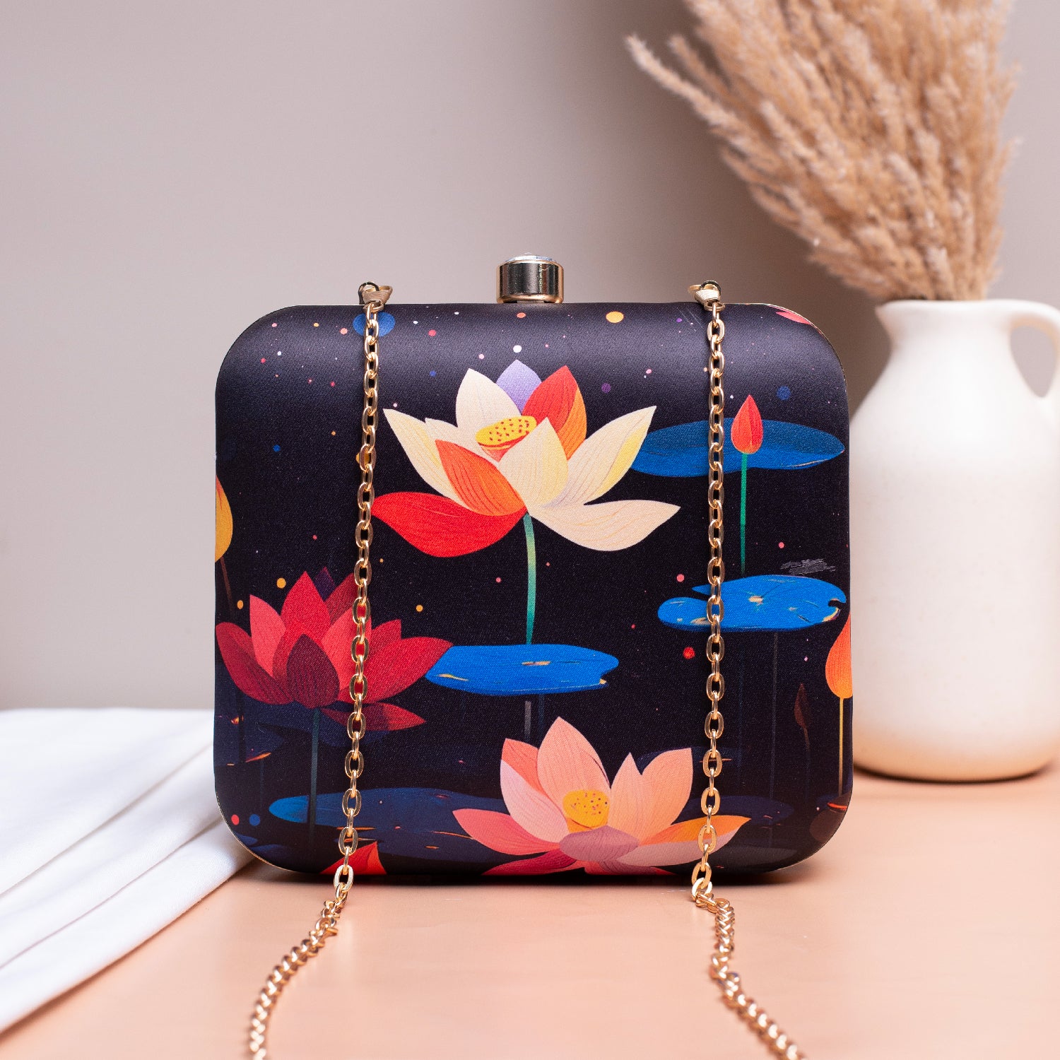 Artklim Black Based Multicolored Lotus Printed Clutch