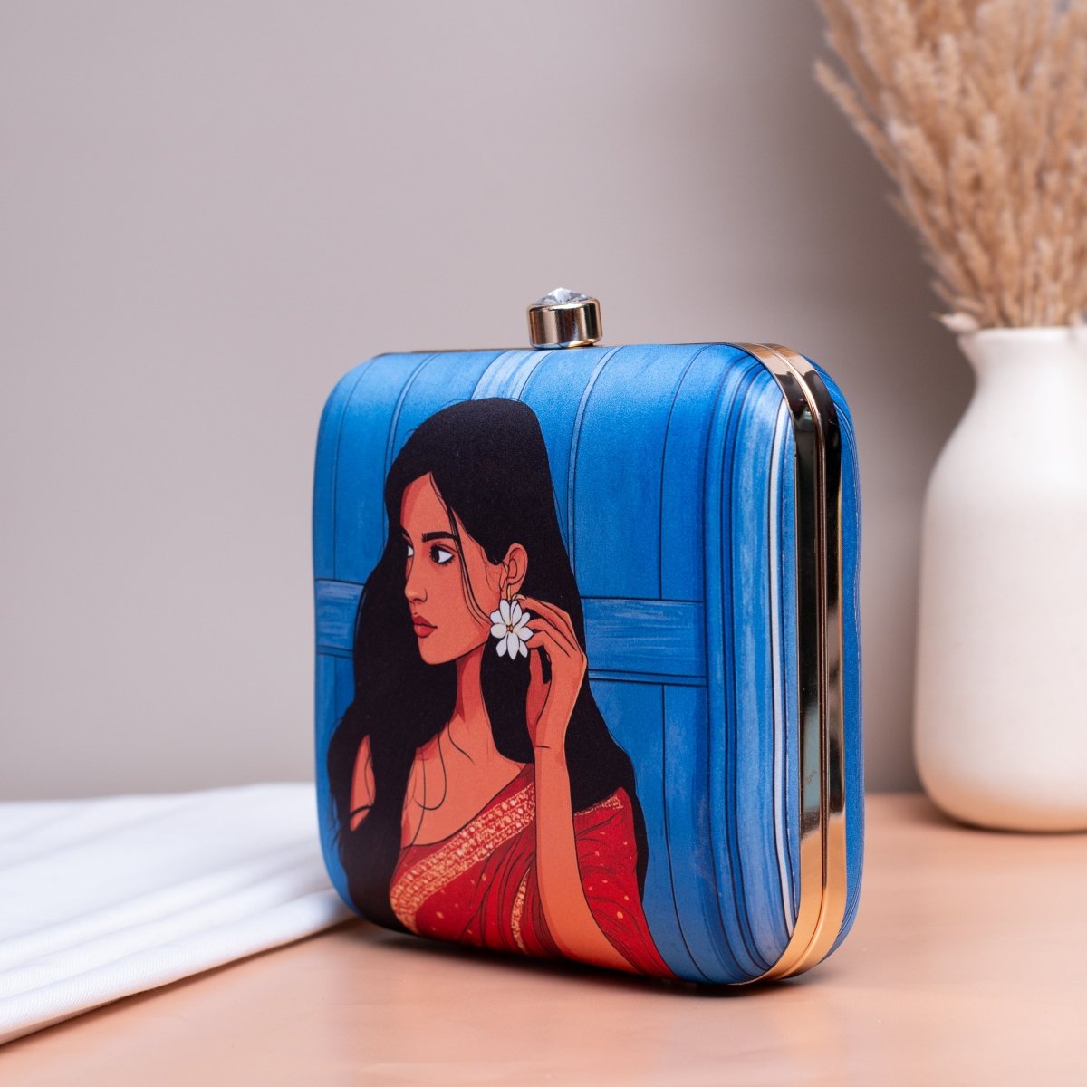 Artklim Blue Based Girl Portrait Printed Clutch