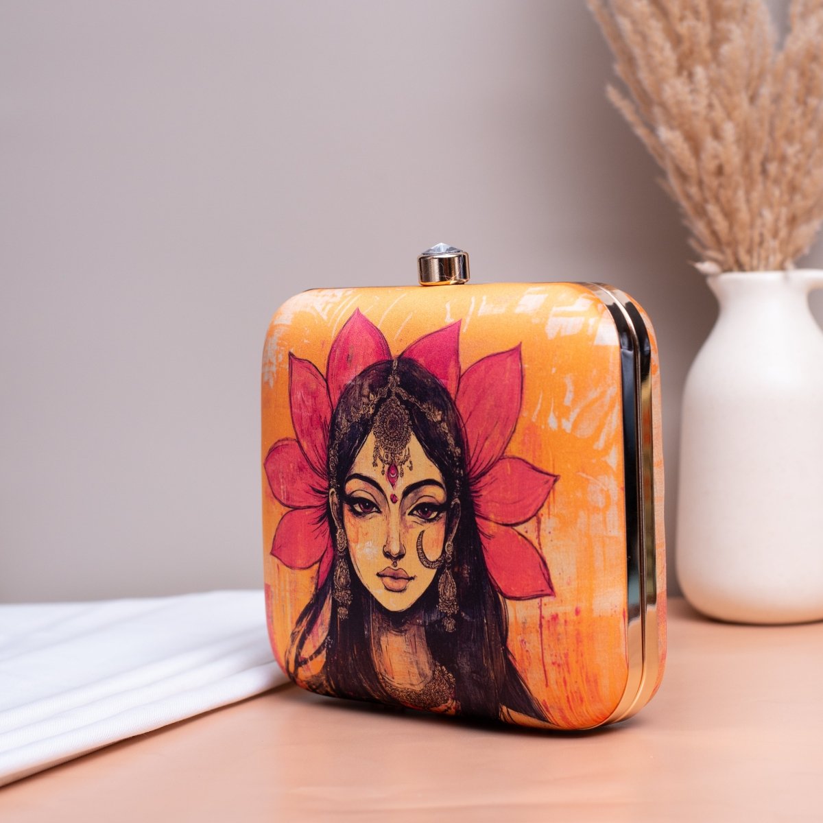 Artklim Yellow Based Indian Woman Printed Clutch