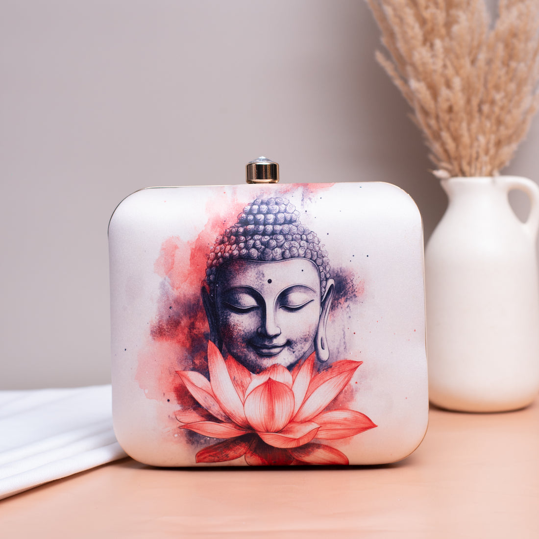 Artklim White Based Buddha Printed Clutch