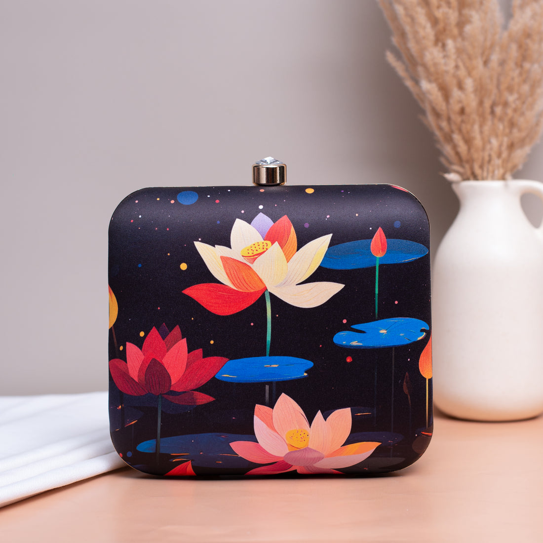 Artklim Black Based Multicolored Lotus Printed Clutch