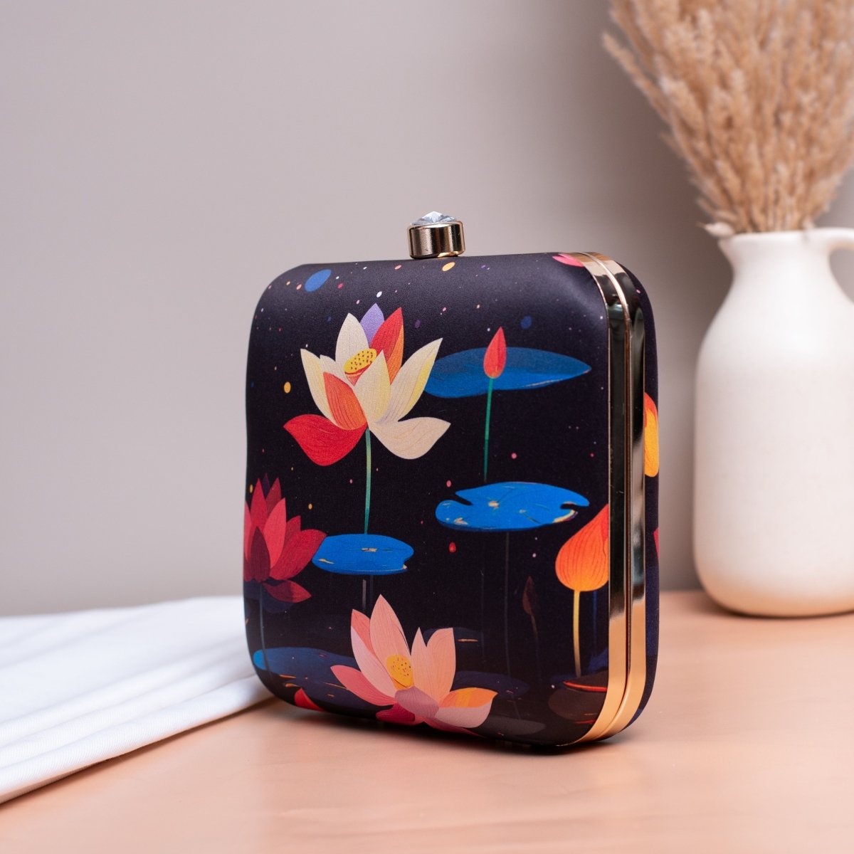 Artklim Black Based Multicolored Lotus Printed Clutch