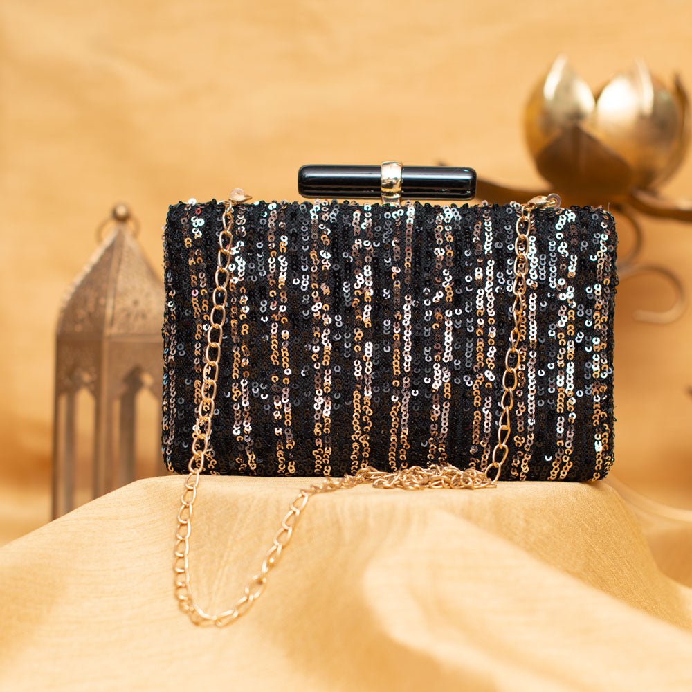 Artklim Black & Rose Gold Sequins Stripes Party Clutch