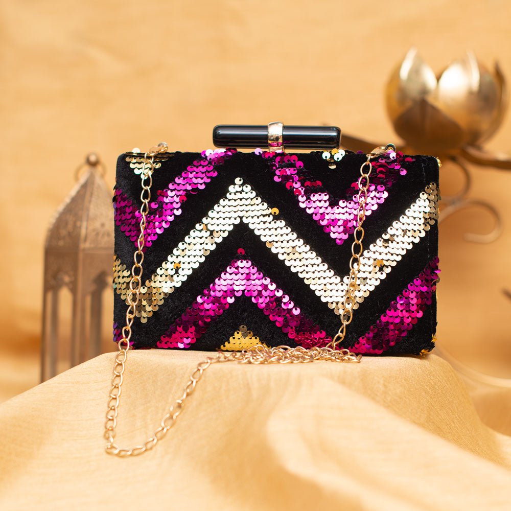 Artklim Zig-Zag Fushia & Rose Gold Sequins Party Clutch
