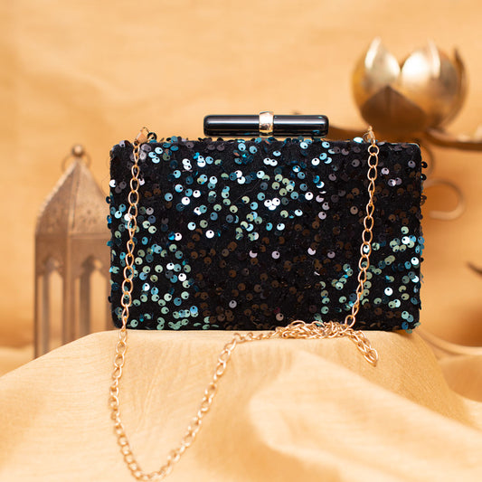 Artklim Blue and Black Sequins Party Clutch