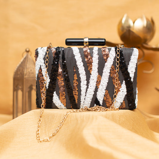 Artklim Black Box Shaped Clutch With Golden, White And Sliver Work