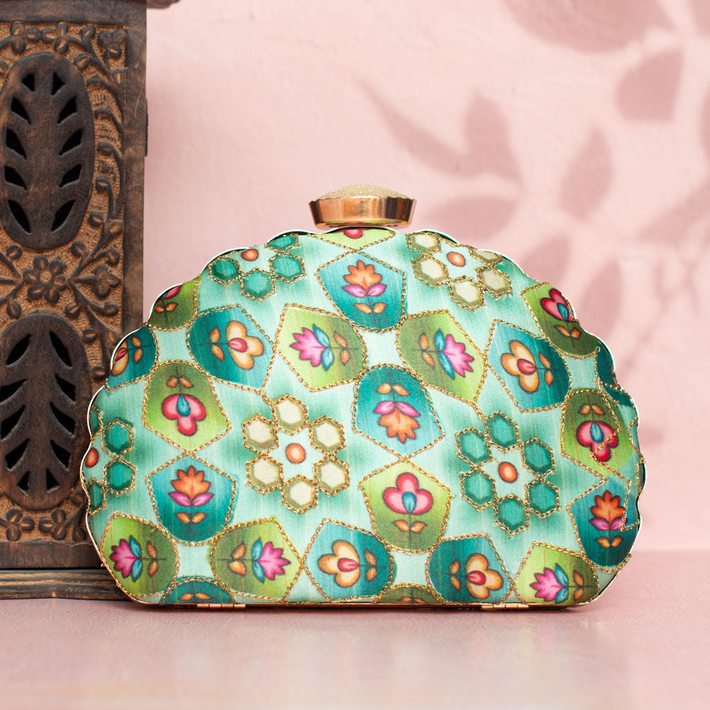 Artklim Alluring Green Base Clutch With Gorgeous Floral Print