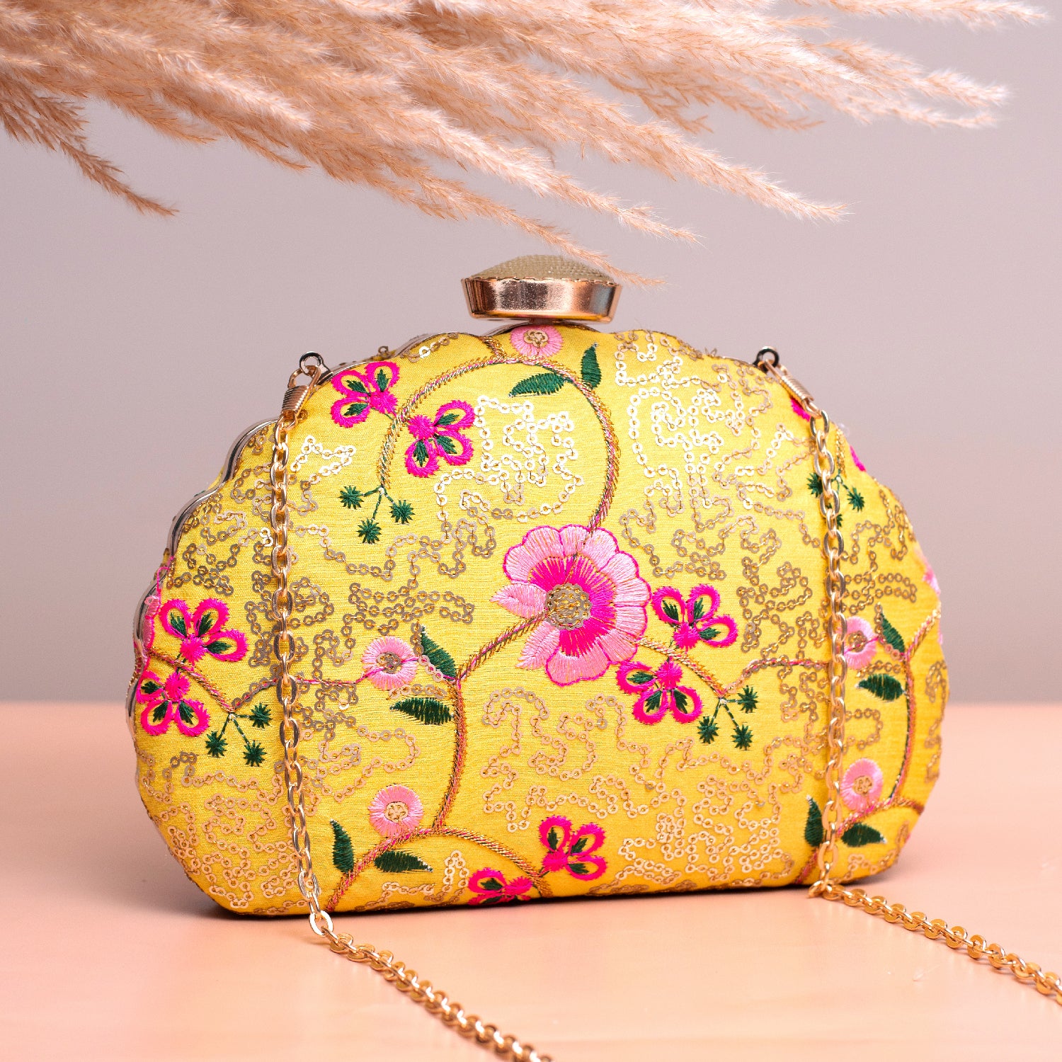 Artklim Yellow Based Pink Floral Embroidery Clutch