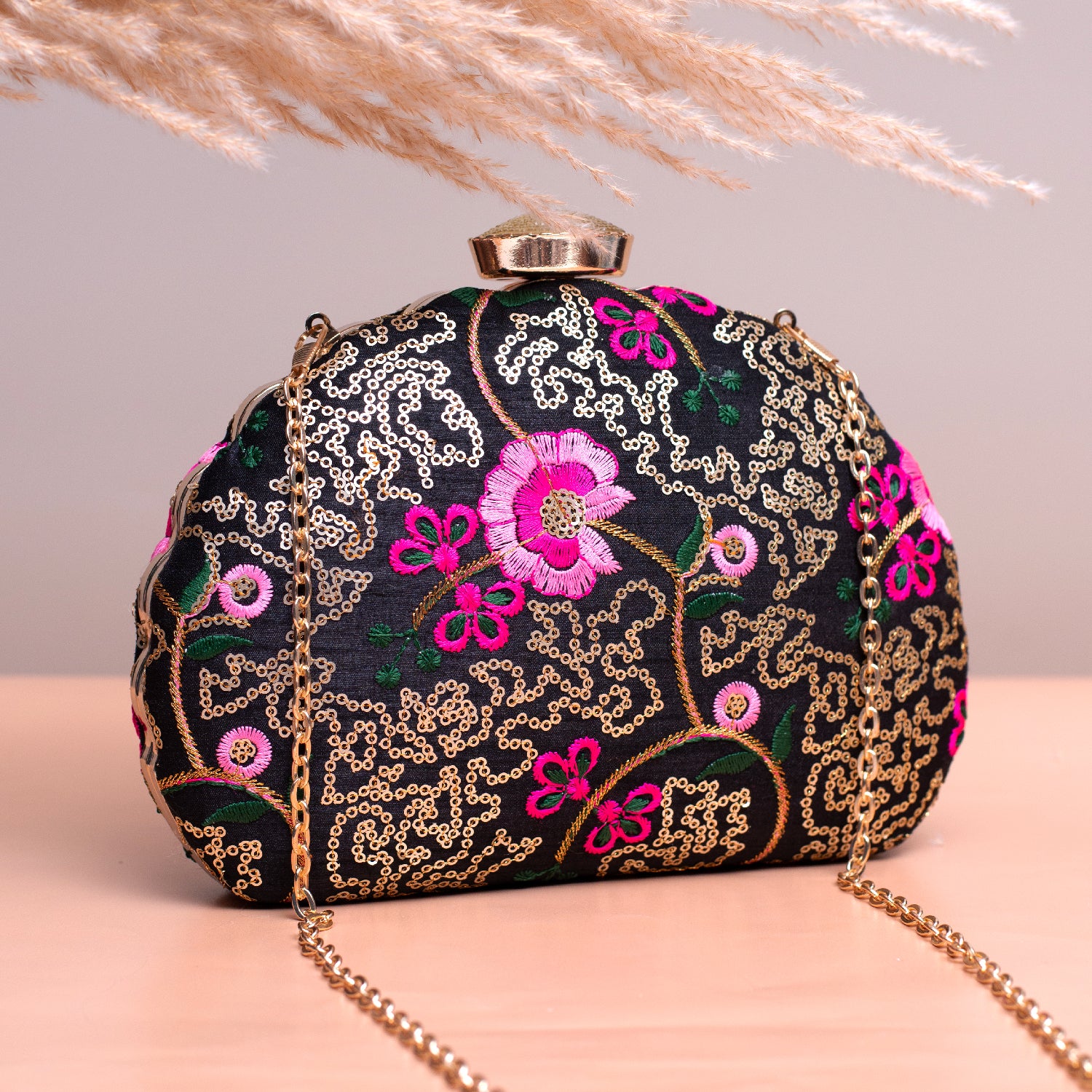 Artklim Black Based Pink Floral Sequins Embroidery Clutch