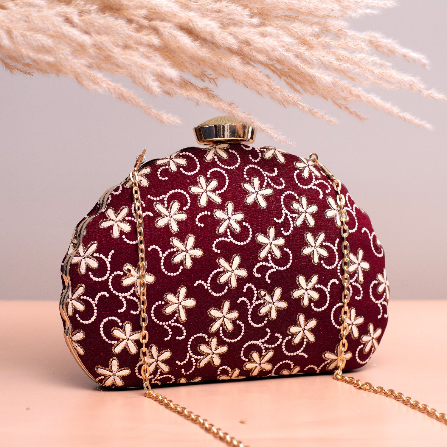 Artklim Maroon Based White Floral Embroidery Clutch