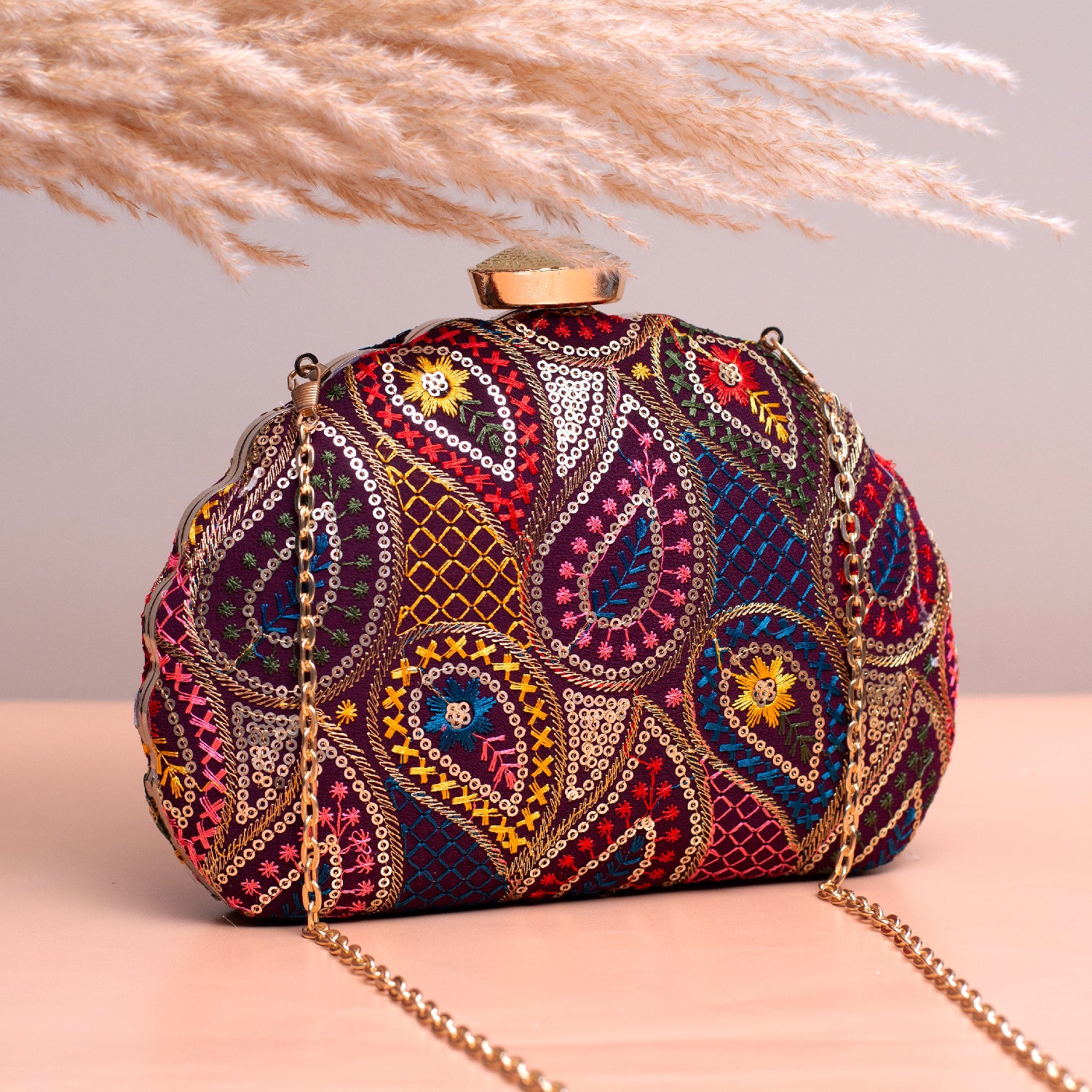 Artklim Wine Based Multicolored Pattern Embroidery Clutch