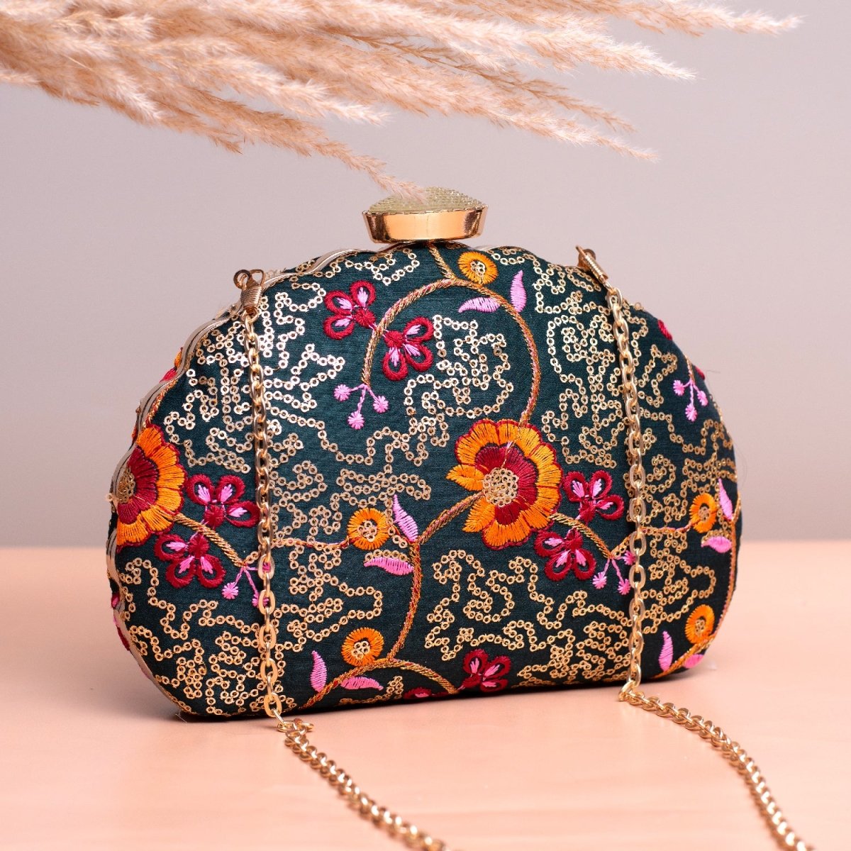 Artklim Grey Based Yellow Floral Sequins Embroidery Clutch