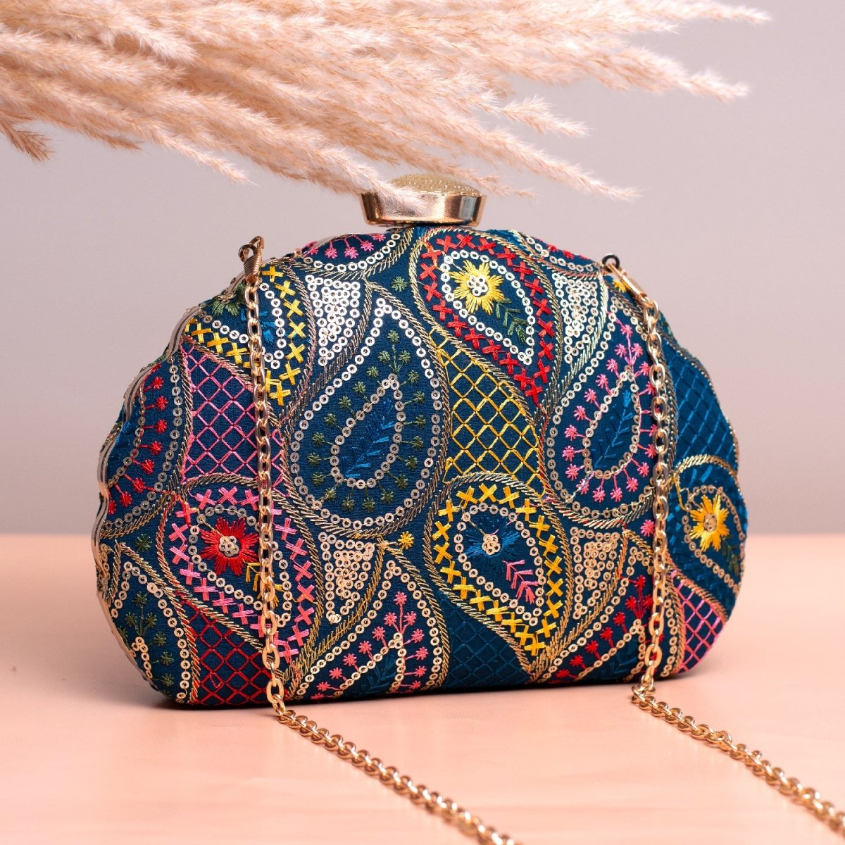 Artklim Blue Based Sequins Pattern Embroidery Clutch