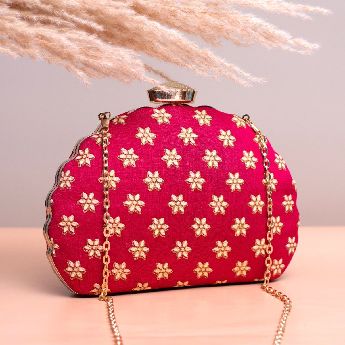 Artklim Pink Based Golden Floral Embroidery Clutch