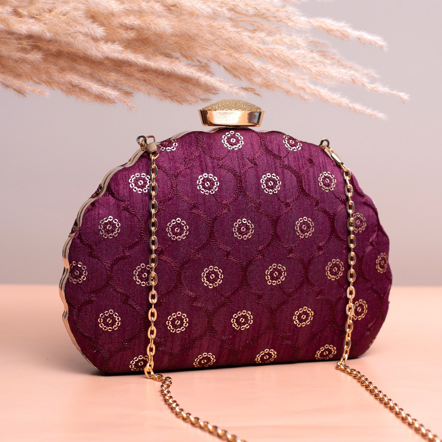 Artklim Purple Based Golden Sequins Embroidery Clutch