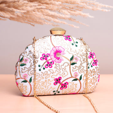 Artklim White Based Pink Floral Embroidery Clutch