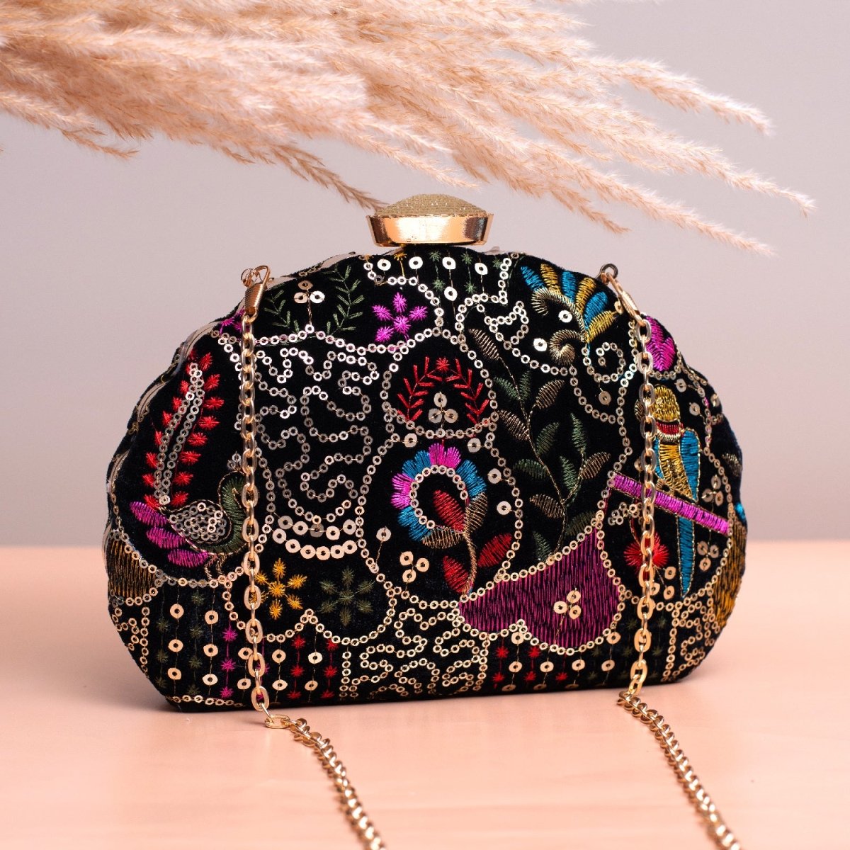 Artklim Black Based Sequins Mutlicolored Embroidery Clutch