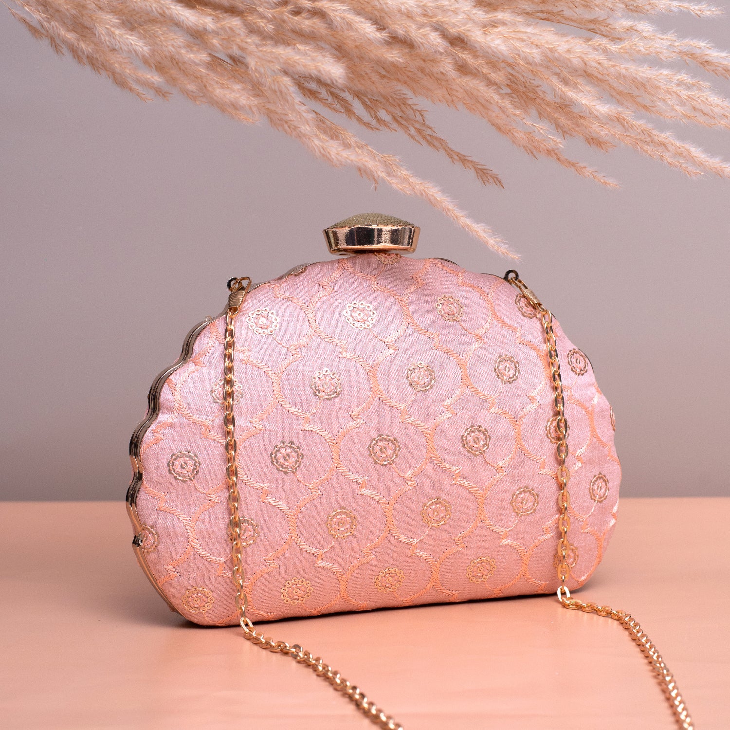 Artklim Light Pink Based Sequins Embroidery Clutch