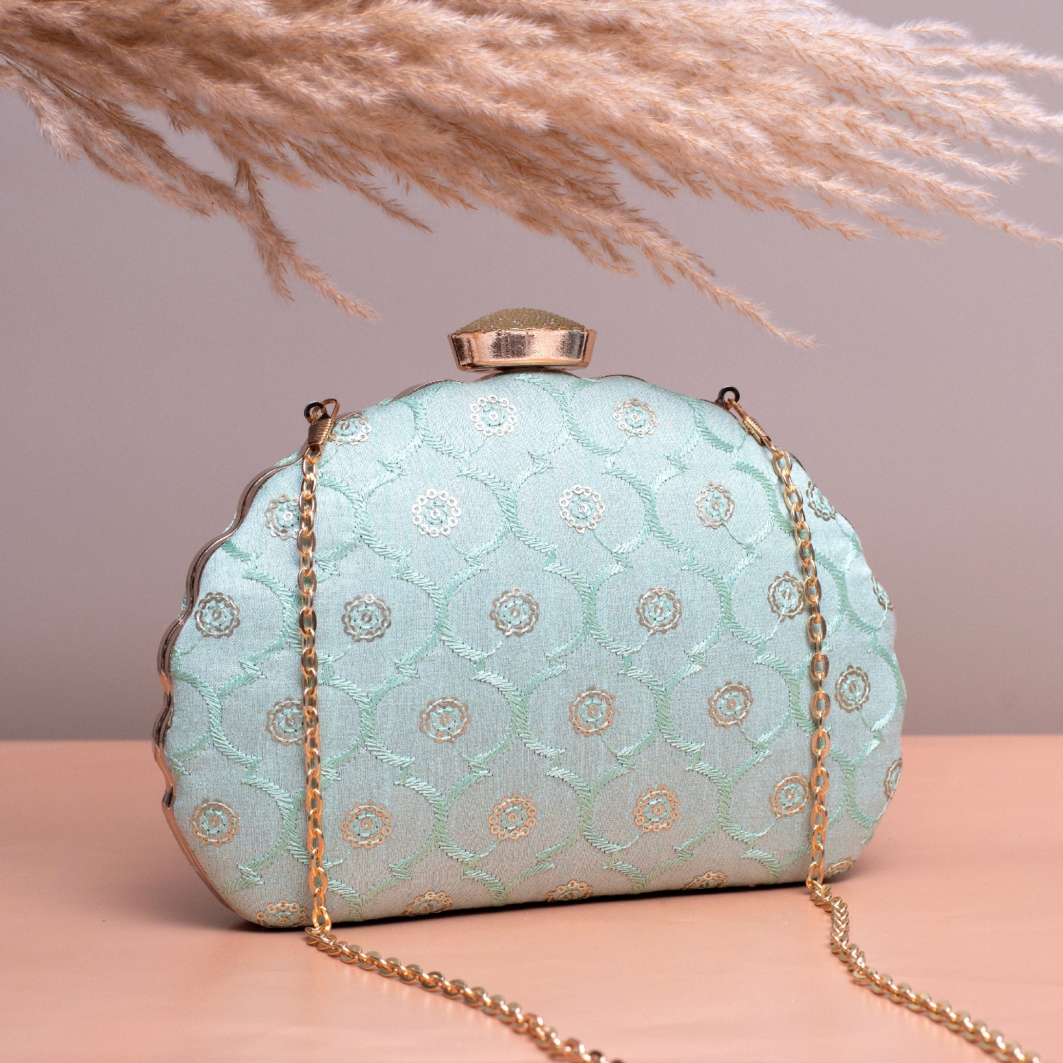 Artklim Light Blue Based Sequins Embroidery Clutch