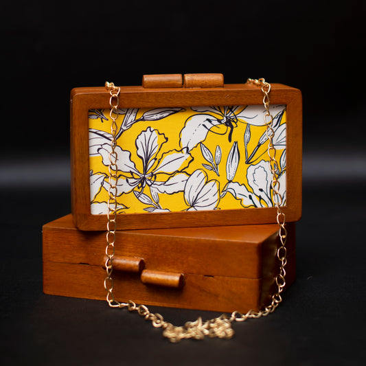 Artklim Yellow and White Floral Printed Wooden Clutch