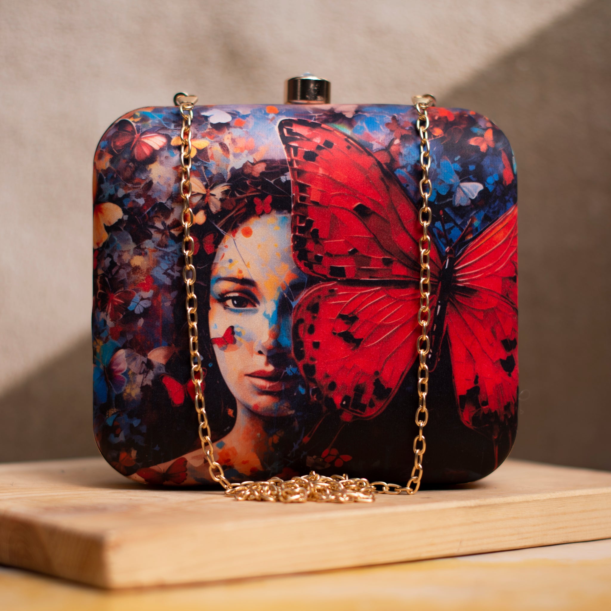 Artklim Red Butterfly Portrait Printed Clutch