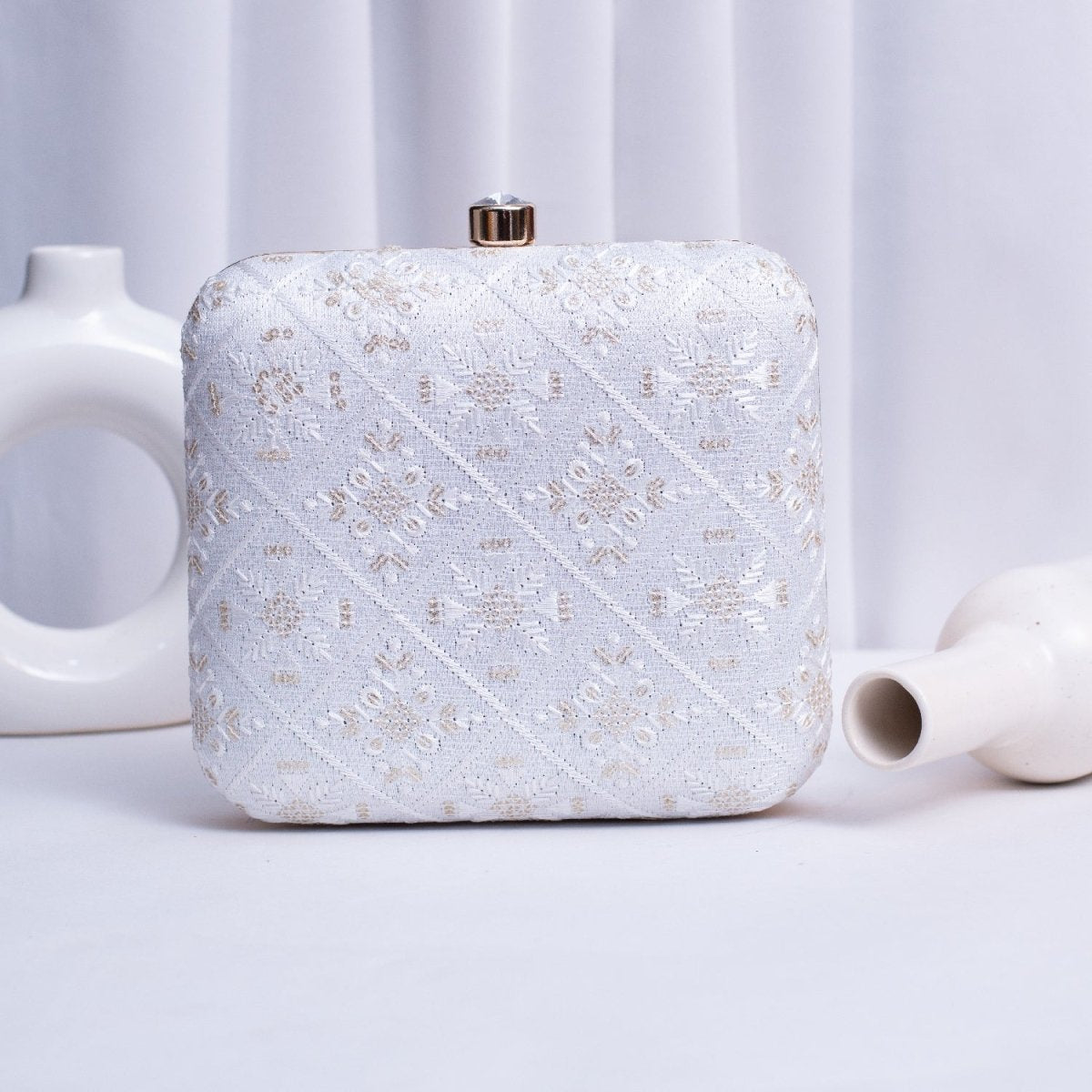 Artklim White Based Sequins And Threadwork Embroidery Clutch