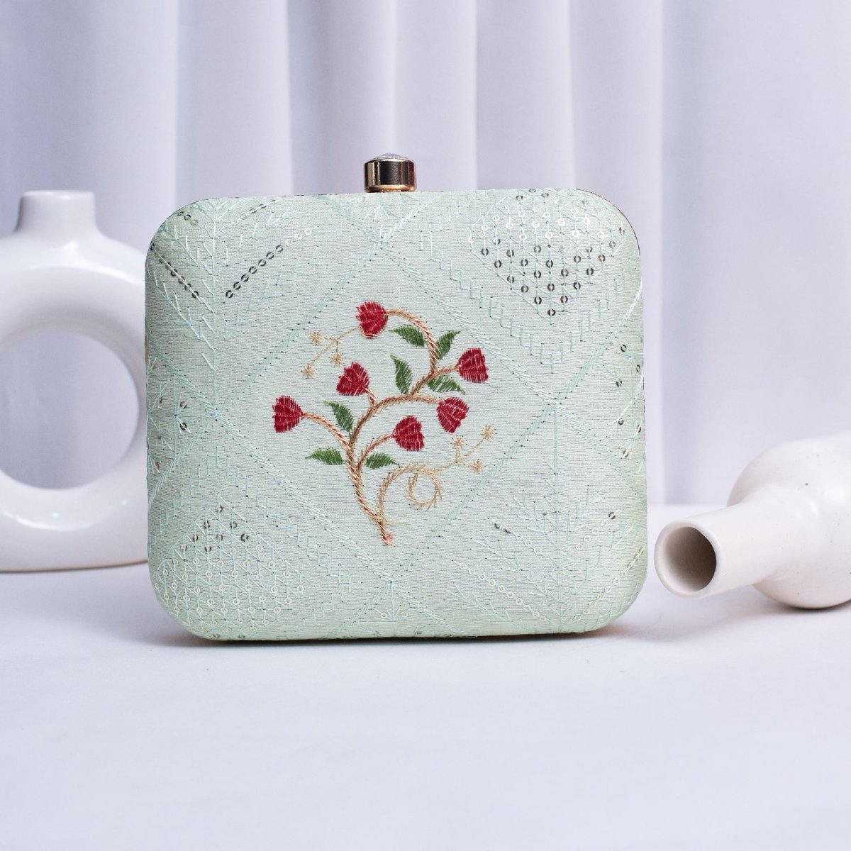 Artklim Pastel Green Based Threadwork Embroidery Clutch
