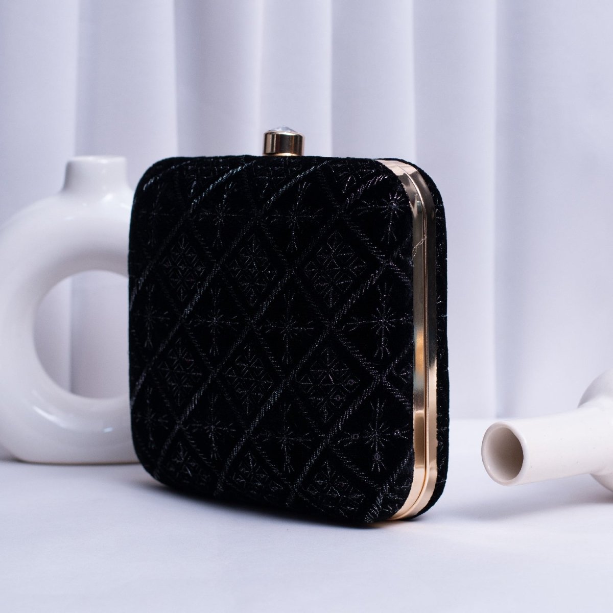 Artklim Black Based Thread Work Embroidery Clutch