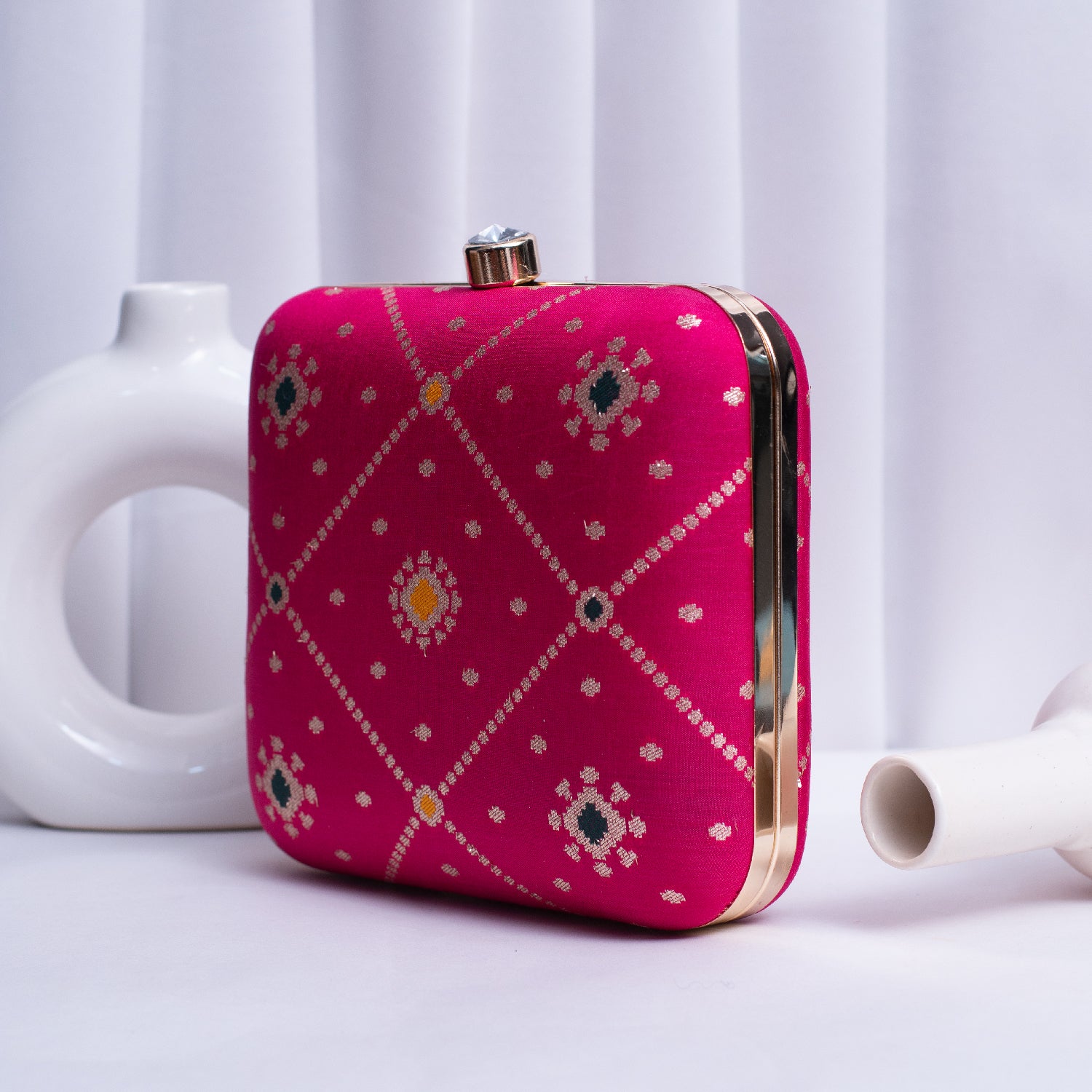 Artklim Magenta Pink Based Silver Pattern Printed Clutch