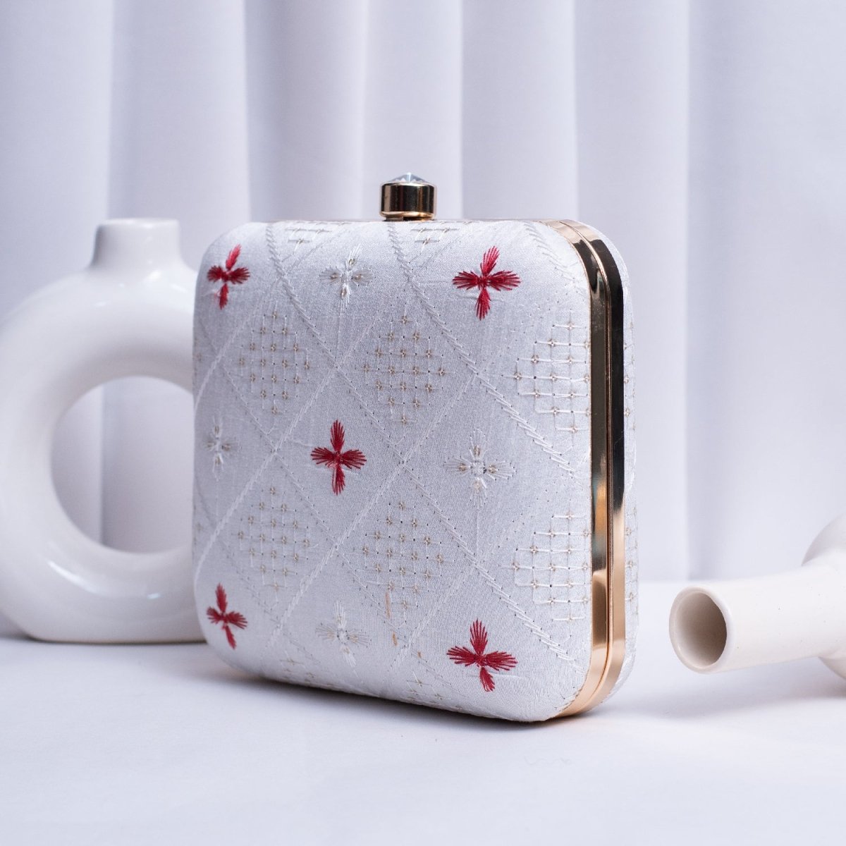 Artklim White And Red Threadwork Embroidery Clutch