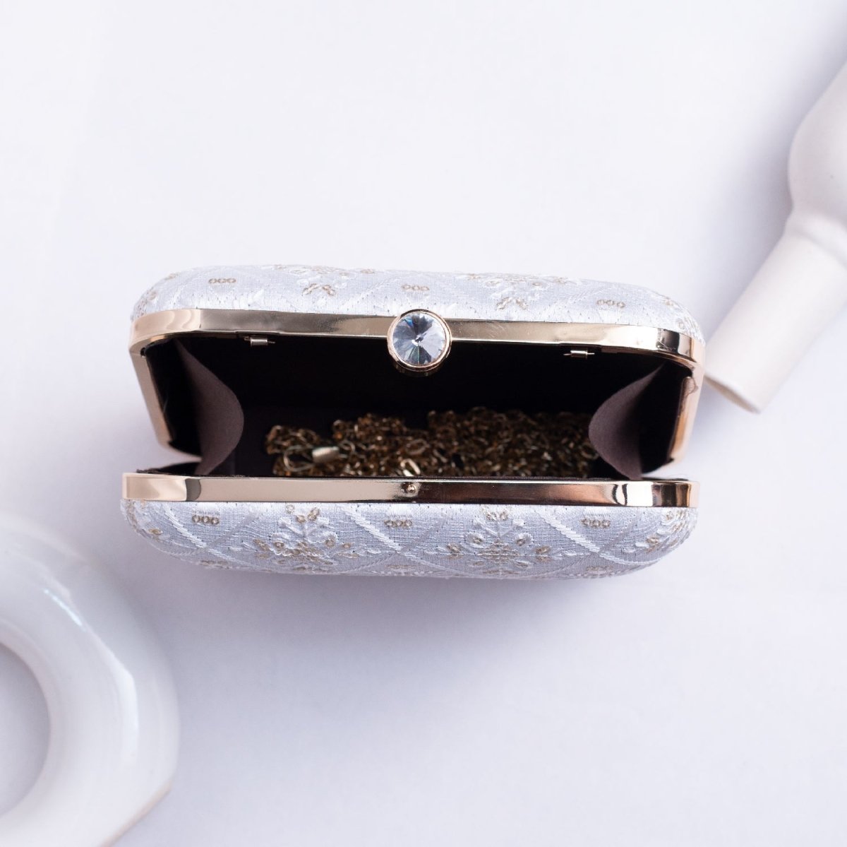 Artklim White Based Sequins And Threadwork Embroidery Clutch