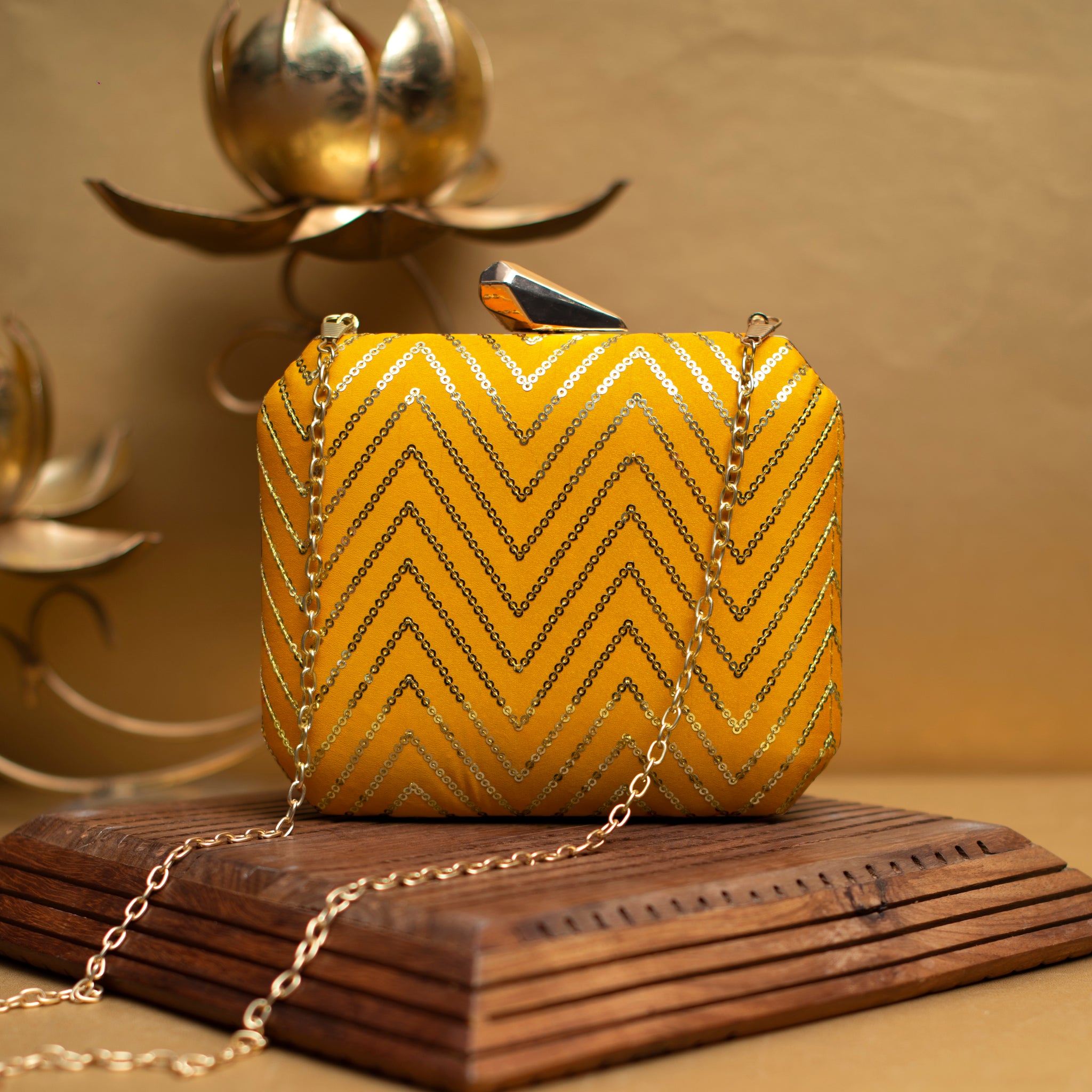 Yellow Sequins Zigzag Embroidery Clutch