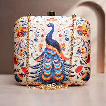 White Based Peacock Printed Clutch