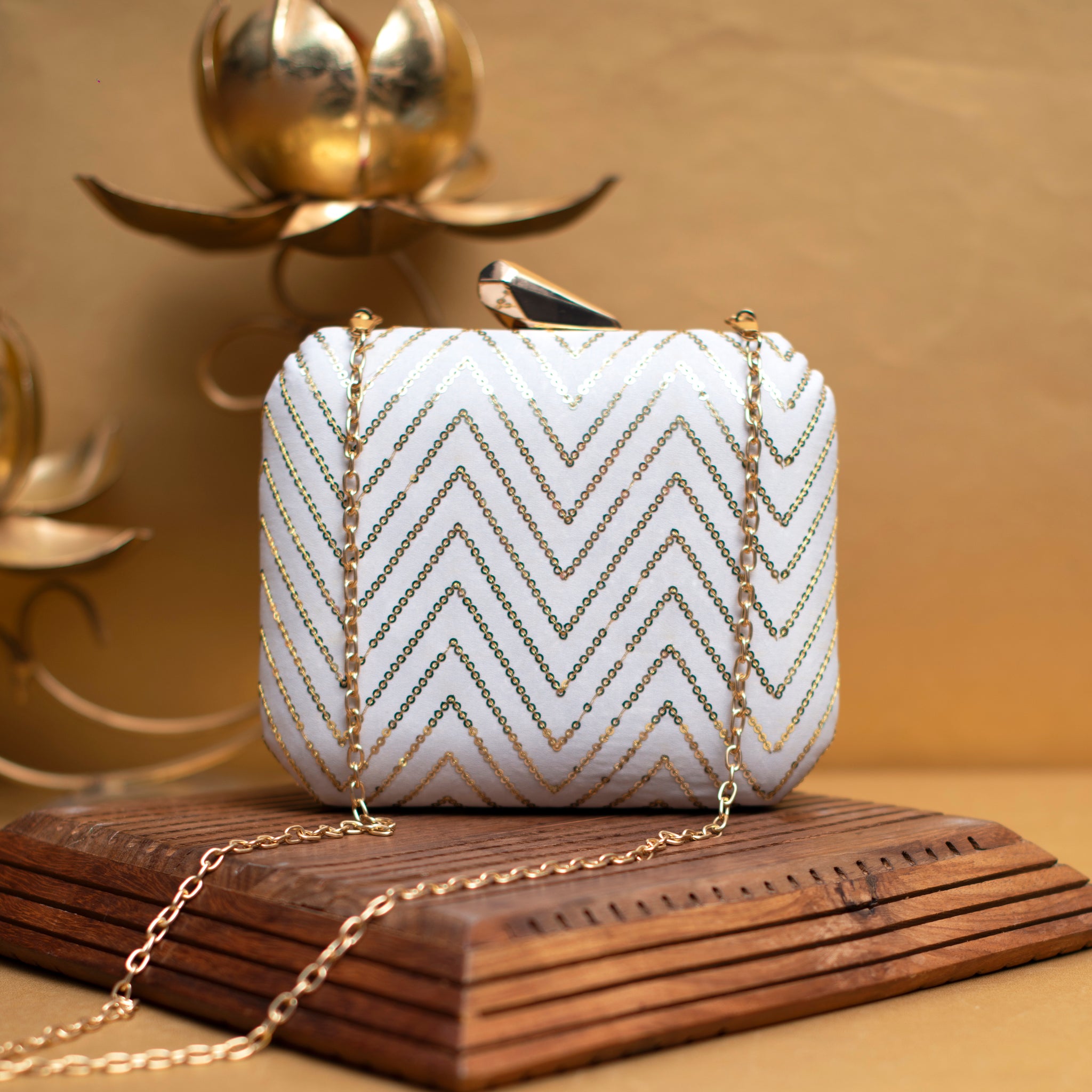 White Sequins Zigzag Embroidery Clutch