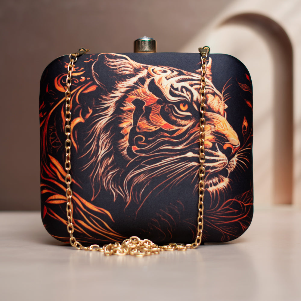 Black Based Tiger Printed Clutch