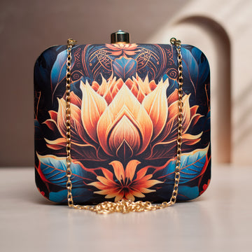 Orange Lotus Printed Clutch