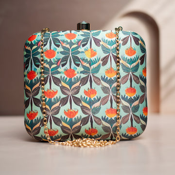 Blue And Orange Floral Printed Clutch