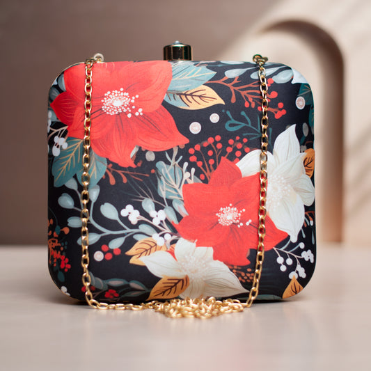 Red and White Floral Printed Clutch