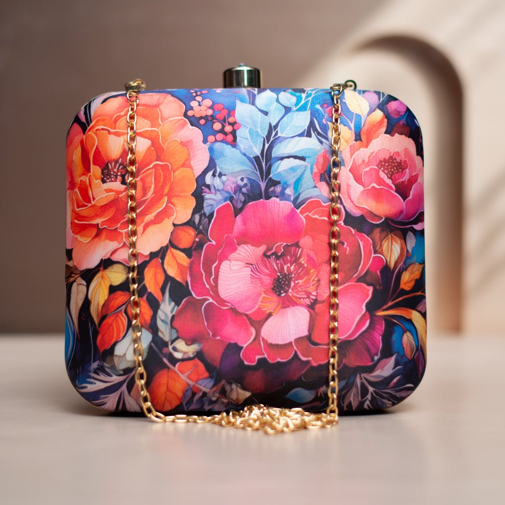 Pink And Orange Floral Printed Clutch