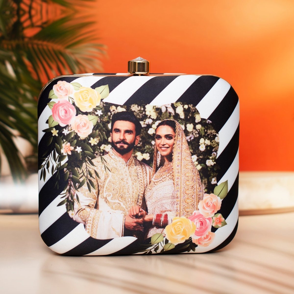 Artklim White And Black Based Floral Printed Customized clutch