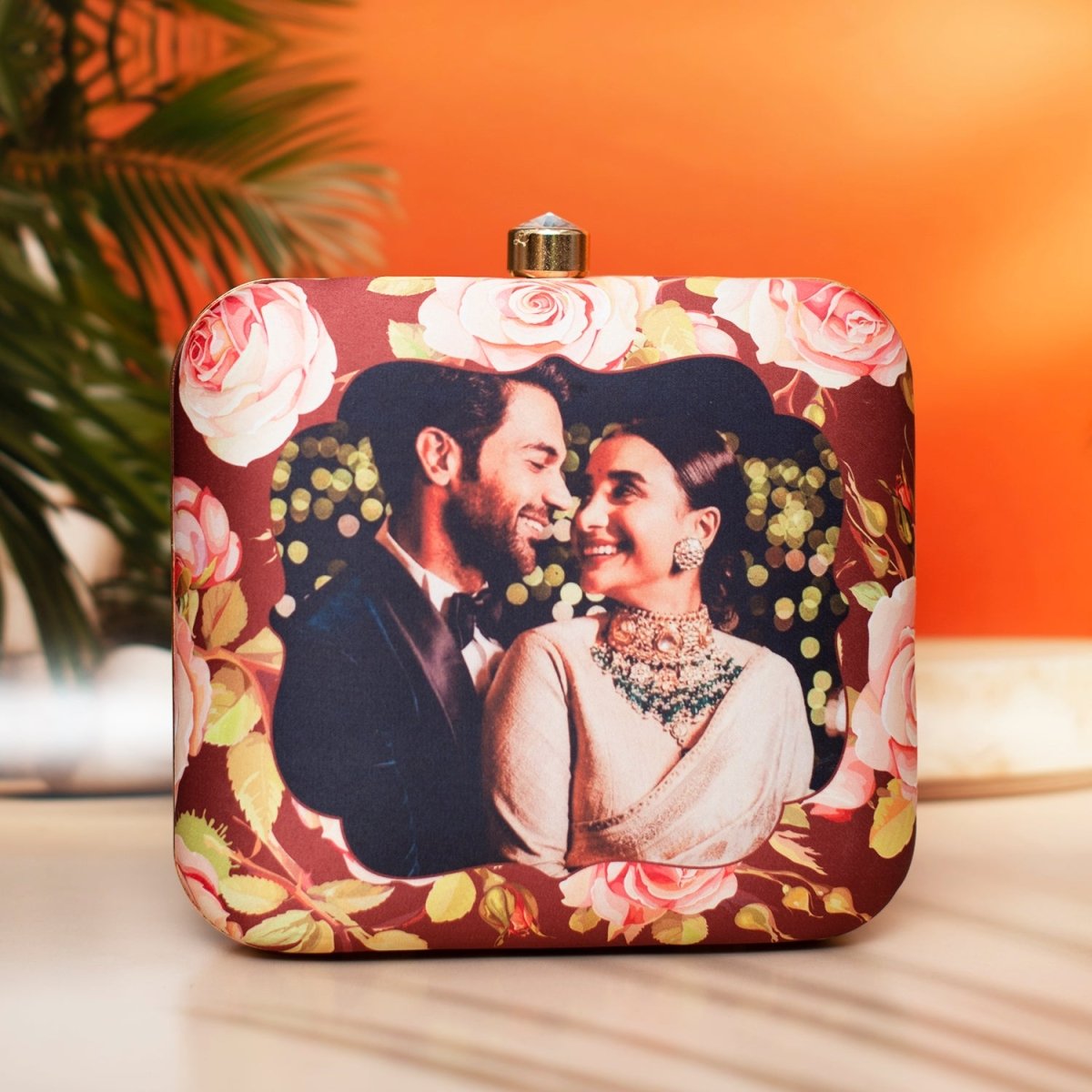 Artklim Brown Based Floral Printed Customized clutch