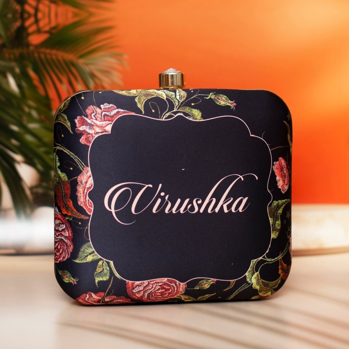 Artklim Black Based Floral Printed Customized Clutch