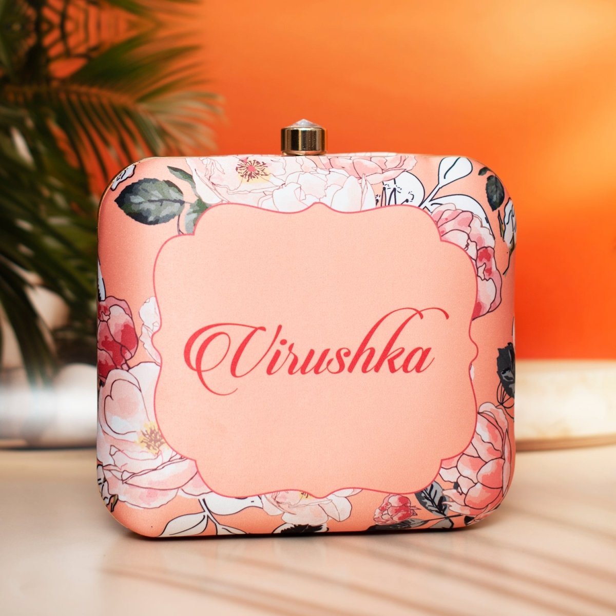 Artklim Peach Based Floral Printed Customized Clutch