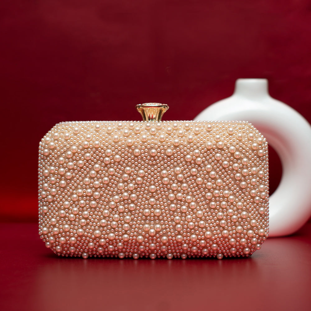 Peach Stripe Pearl Beaded Evening Clutch
