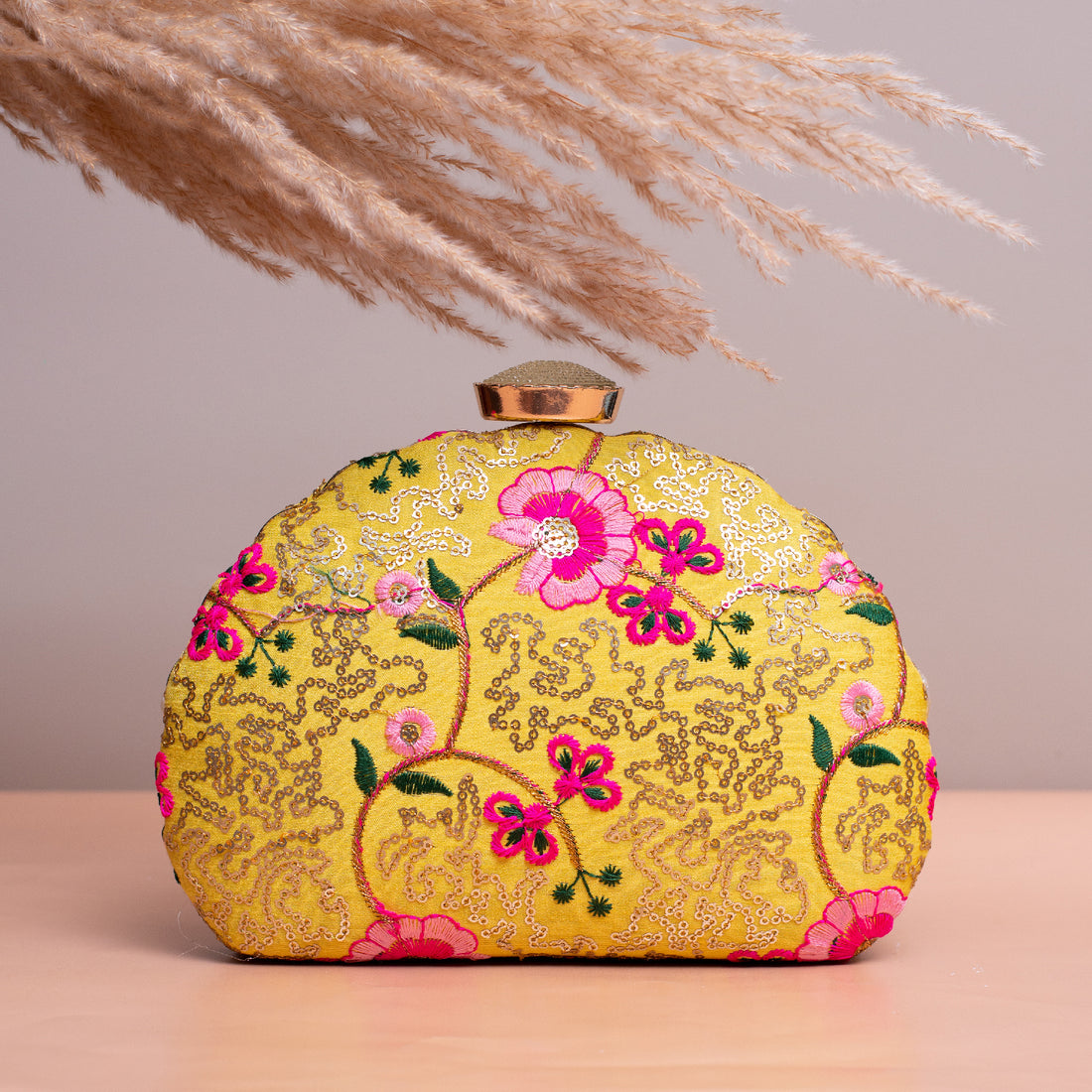 Artklim Yellow Based Pink Floral Embroidery Clutch