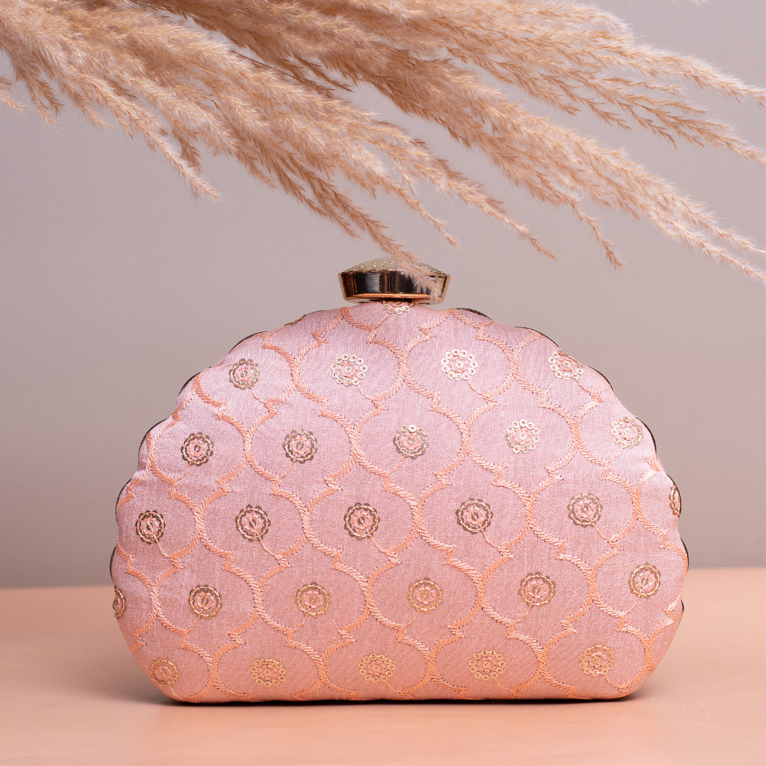 Artklim Light Pink Based Sequins Embroidery Clutch